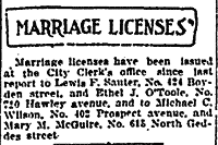 Louis Sauter and Ethel O'Tool Marriage Licence